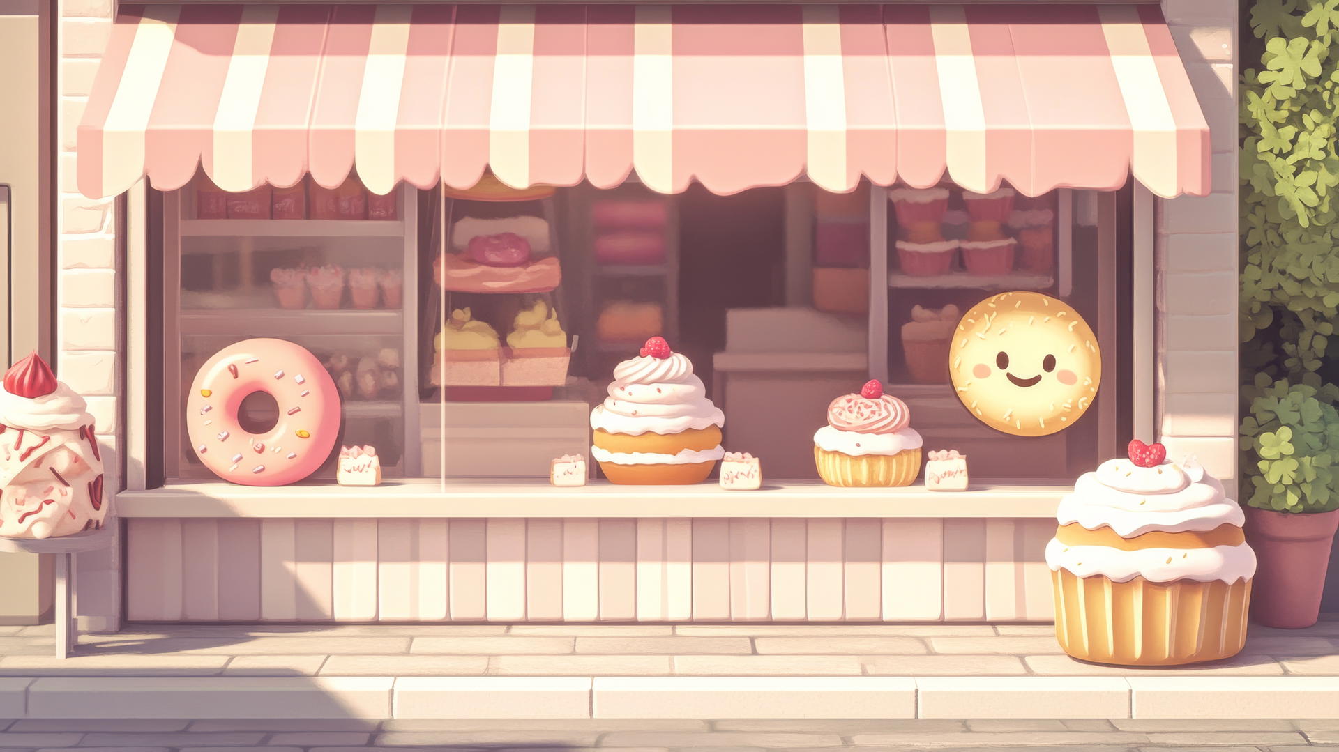 wallpapers cute of a cartoon bakery with smiling pastries in pastel window