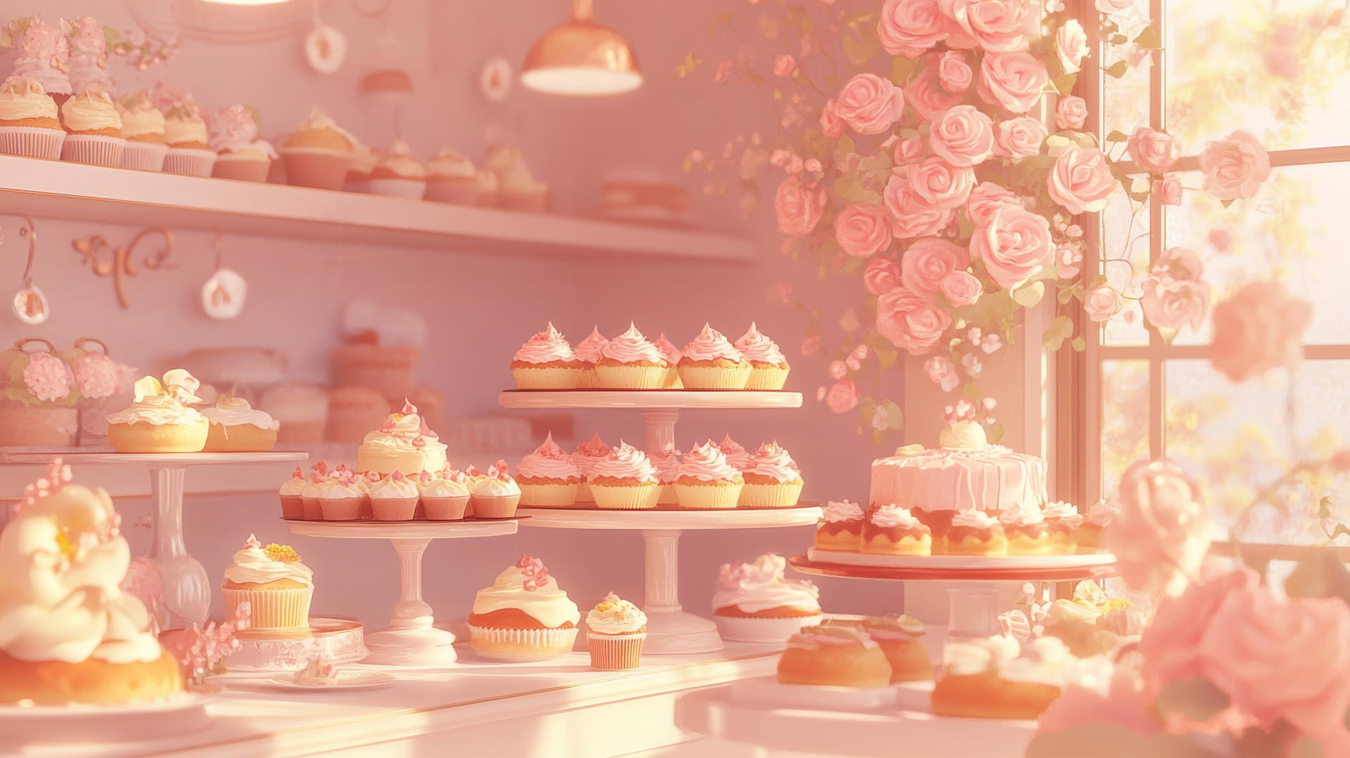 aesthetic cute wallpapers of a pastel-colored bakery scene with cakes and flowers