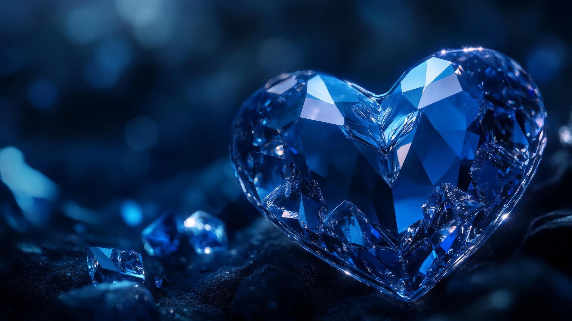 blue heart wallpaper with shimmering heart-shaped crystals on dark blue backdrop
