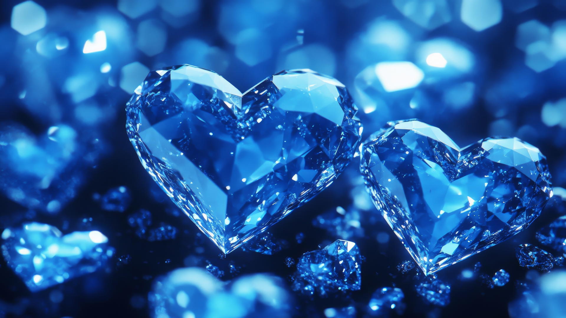 Shimmering blue heart-shaped crystals on dark blue backdrop.