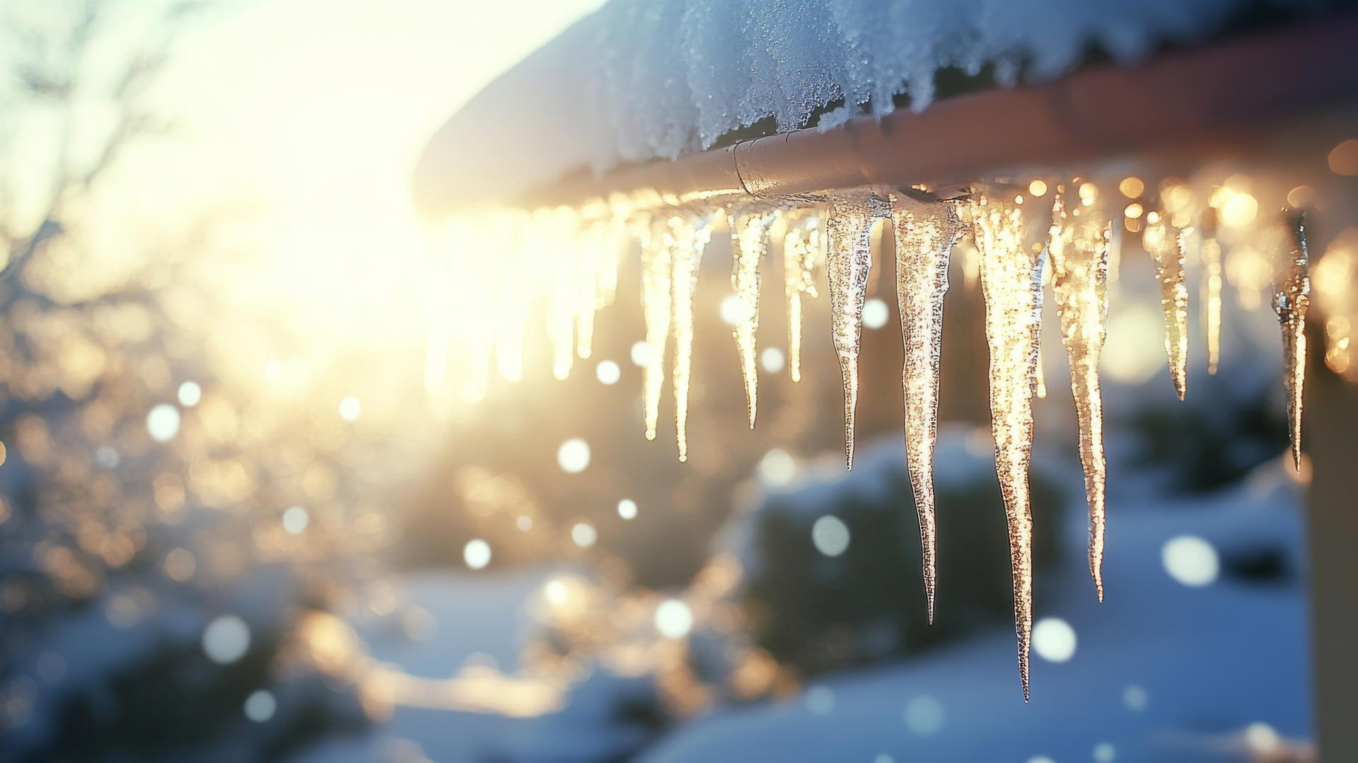 Crystal-clear icicle on snow-covered roof with glistening sunlight, winter wallpaper