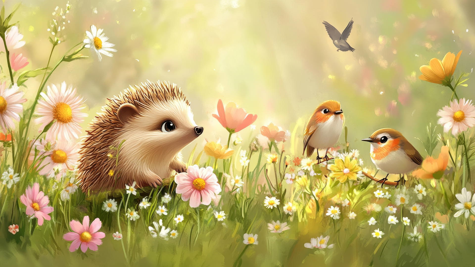cute spring wallpaper with cartoon hedgehogs and birds in a flower-filled meadow