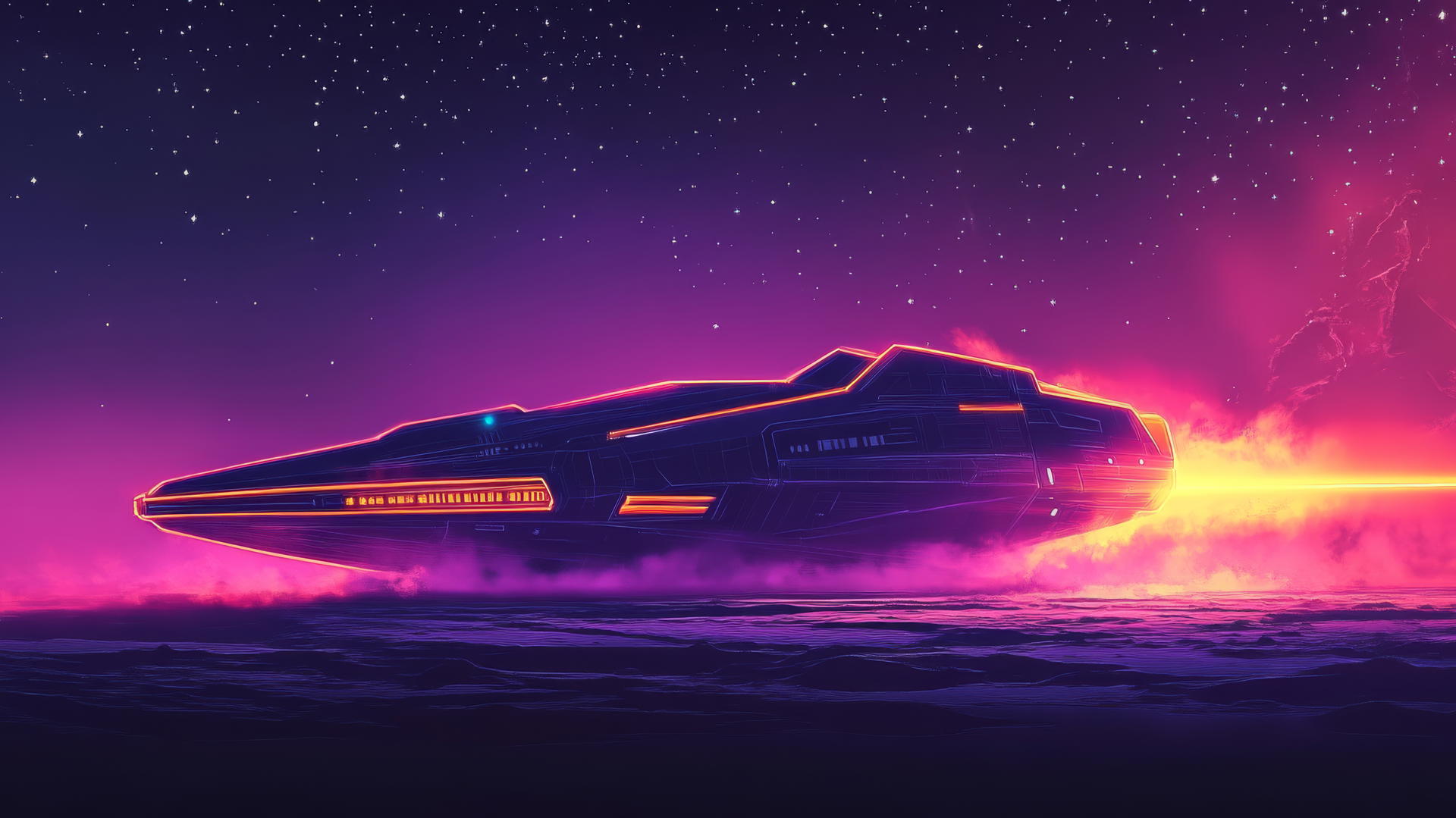 simple outline of glowing spaceship landing on alien surface with neon highlights