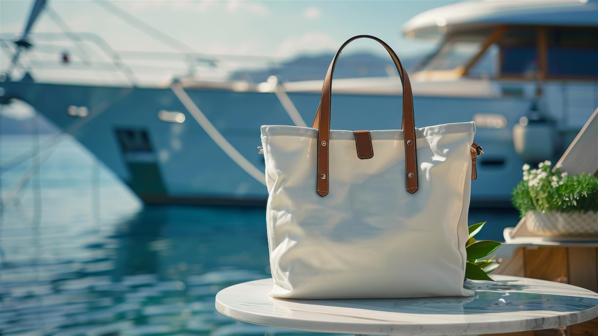 White tote bag with leather straps by a yacht, greenery, and blue waters.