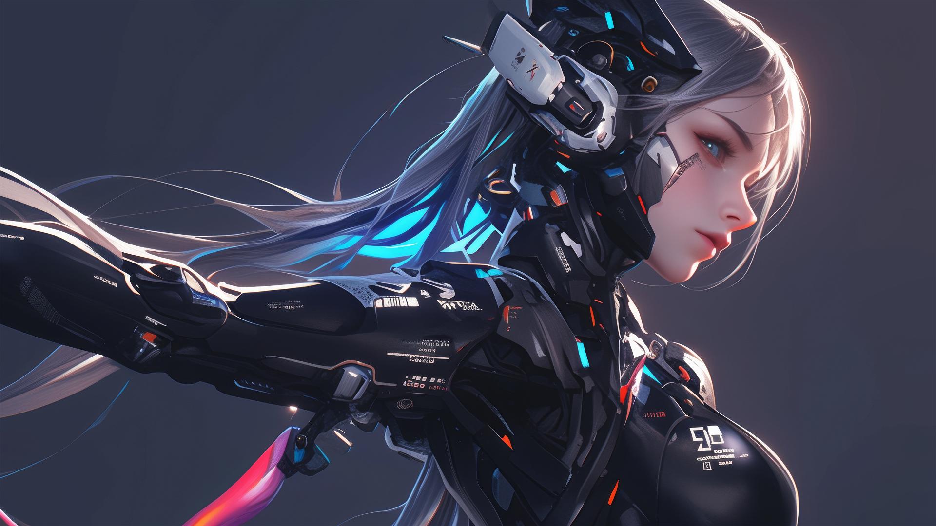 Cybernetic Agent Girl in dynamic pose on dark background with spotlight effect
