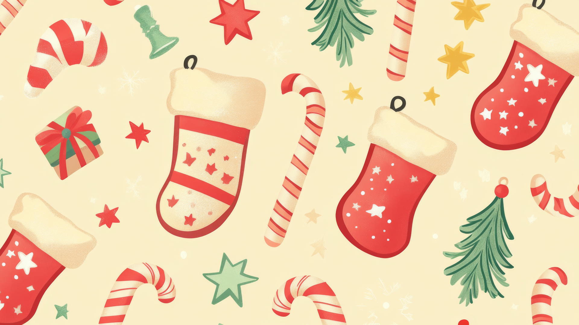 cute Christmas wallpaper preppy with candy canes, stockings, and stars on pastel yellow