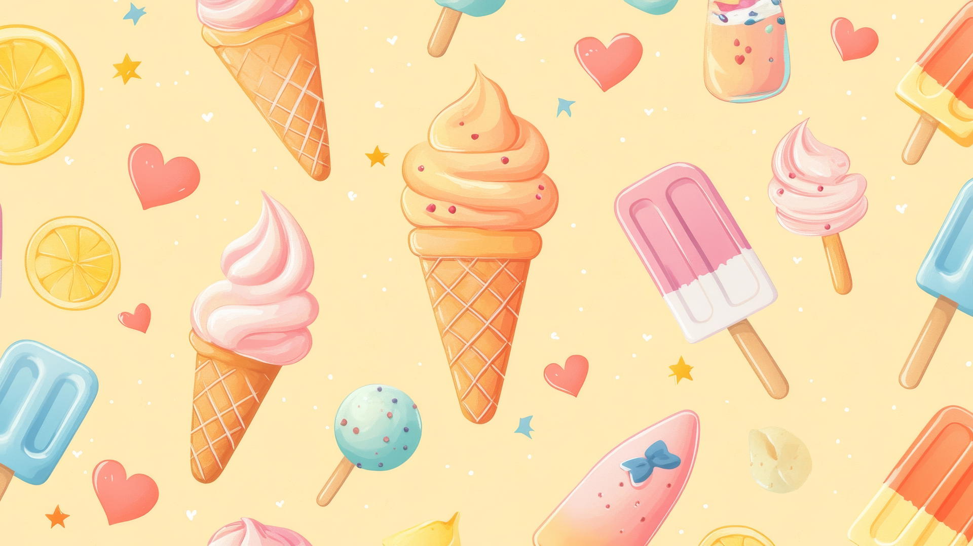 preppy summer wallpaper with pastel-colored ice cream cones, popsicles, and lemonades