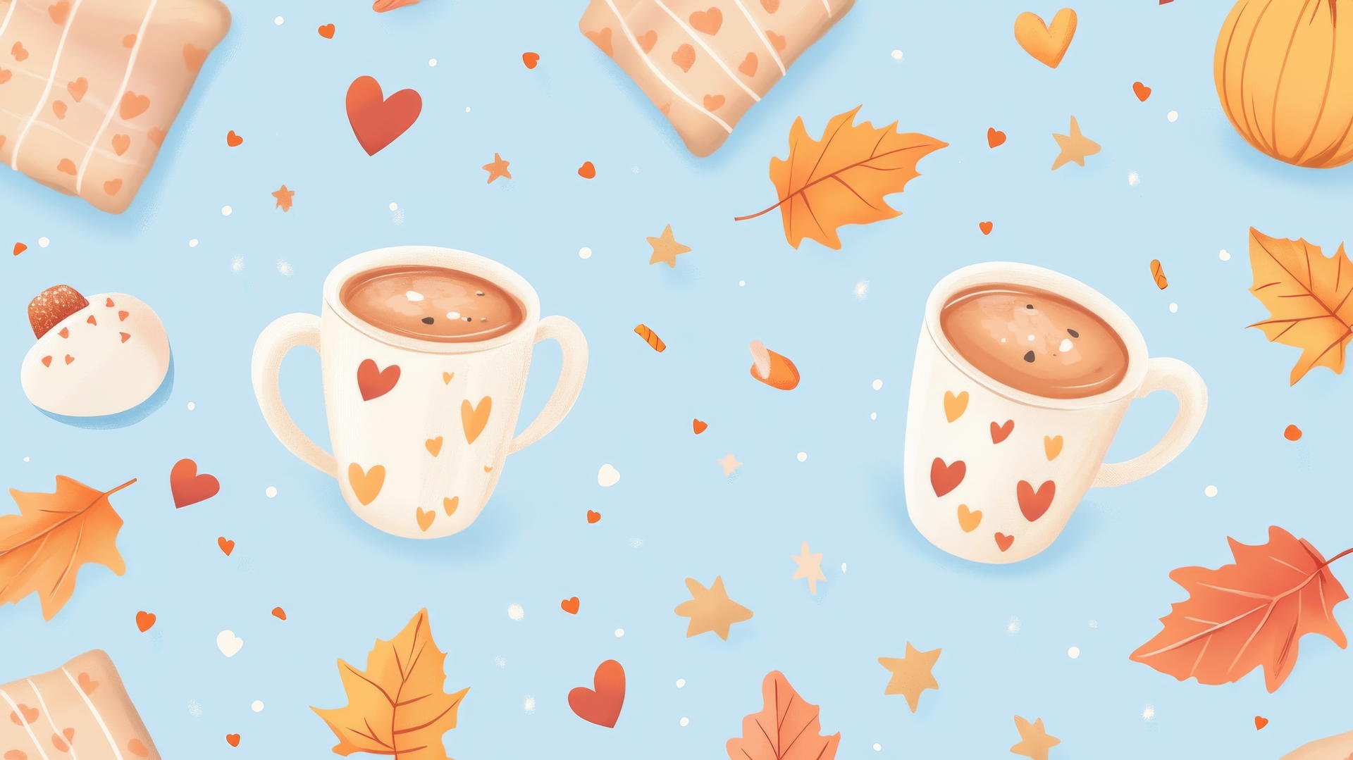 preppy autumn wallpaper with hot cocoa mugs, cozy blankets, and falling leaves on a light blue background