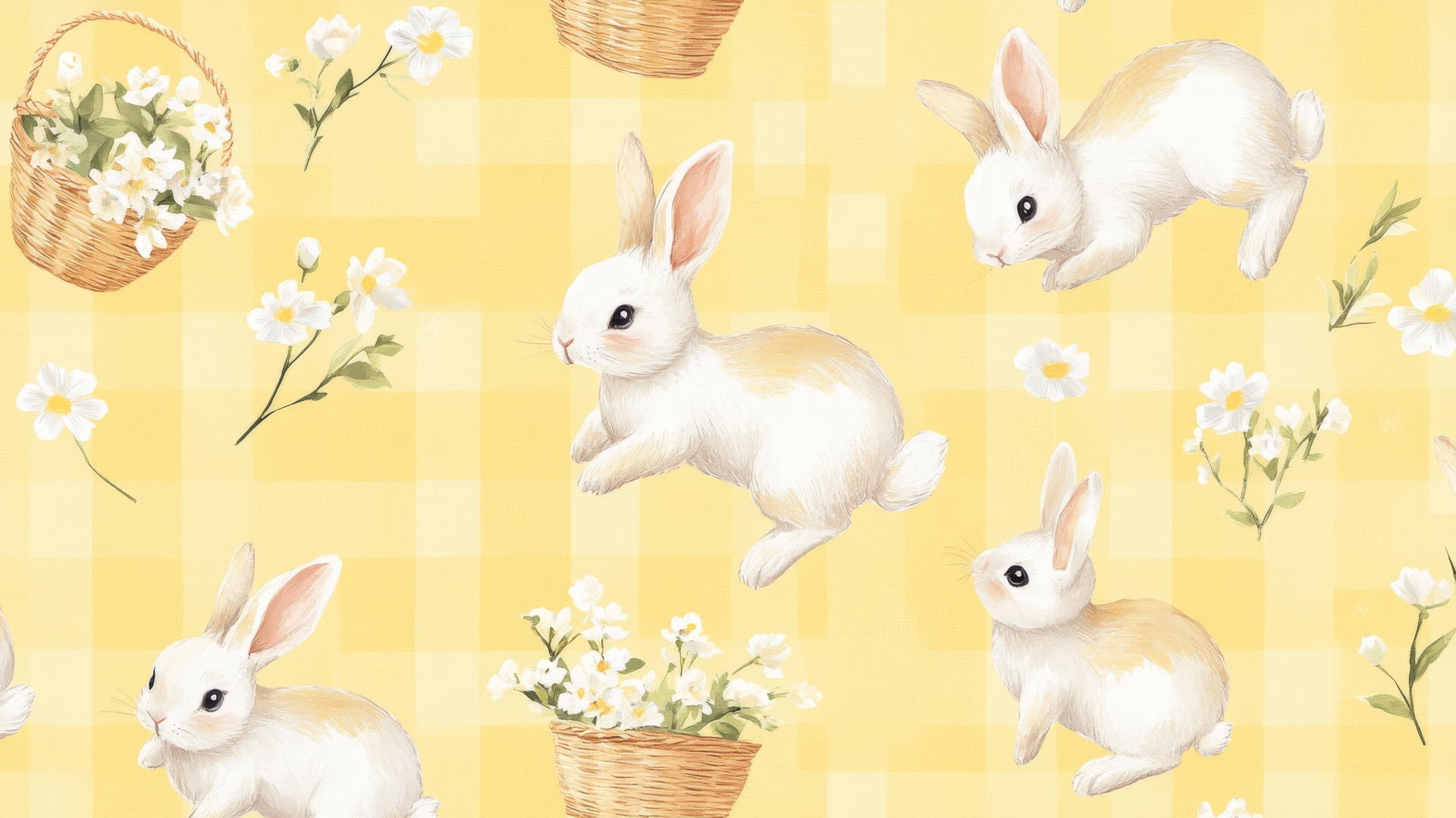 preppy easter wallpaper with bunnies in gingham print on soft yellow