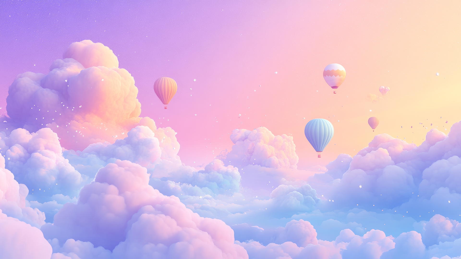 dreamy cloudscape with pastel clouds, hot air balloons, stars, cute aesthetic wallpapers