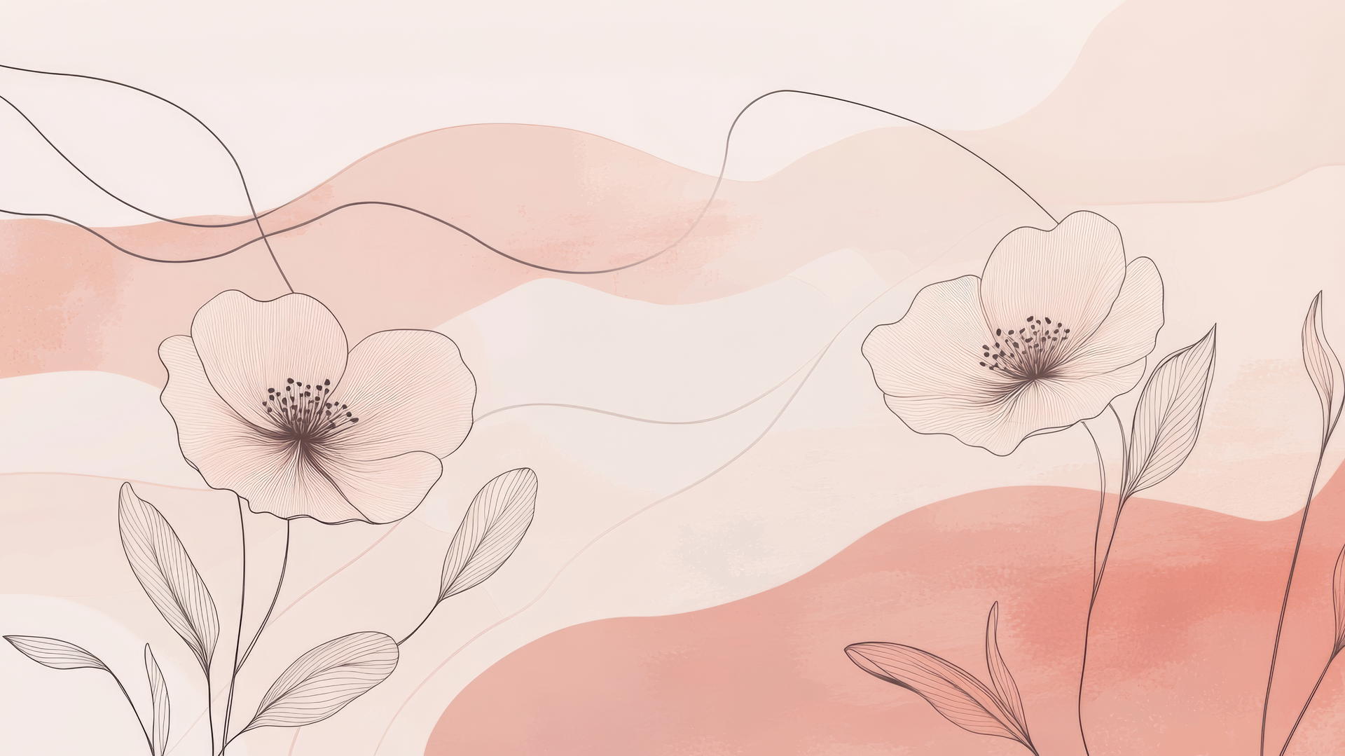 Aesthetic cute pink wallpaper with minimalist line art of flowers and leaves