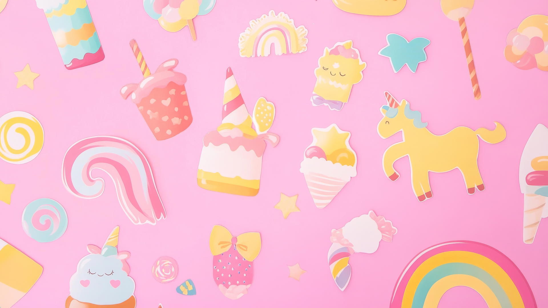 cute pink wallpaper with pastel stickers of rainbows, unicorns, and sweets