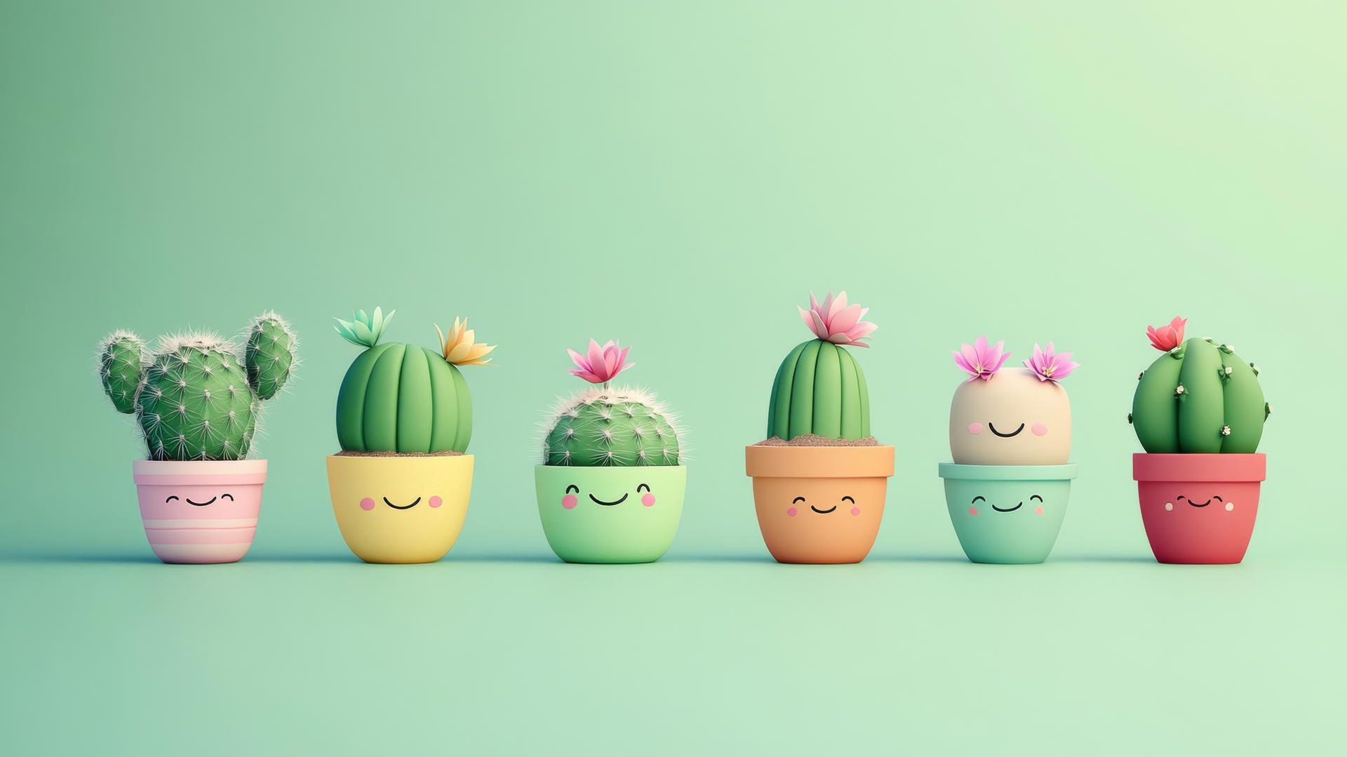 Cute green wallpaper with smiling cacti in colorful pots and tiny flowers