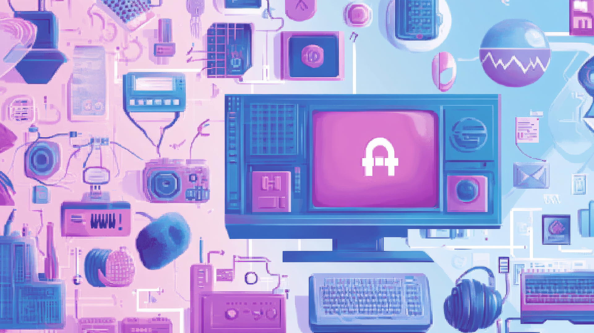 Y2K wallpaper with vintage computer icons, pixelated graphics, early internet symbols, pastel blue and purple gradient background