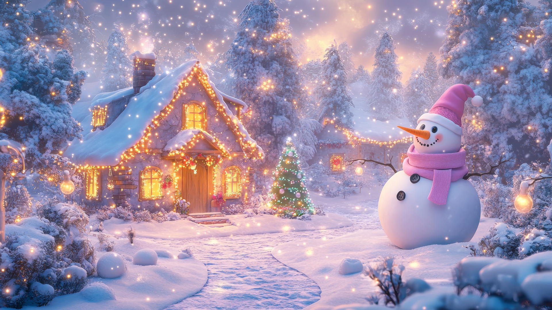 girly cute christmas wallpaper with pastel Christmas scene, cozy cottage, snowman with pink scarf