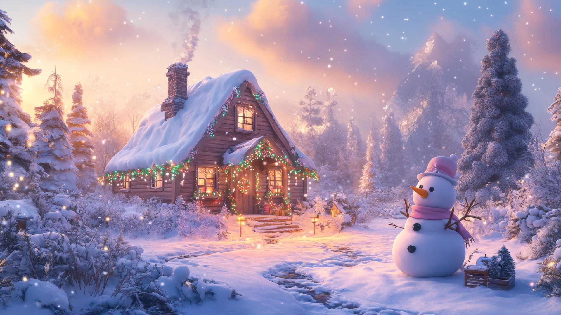 girly cute Christmas wallpaper with a pastel cottage, snow, fairy lights, and snowman