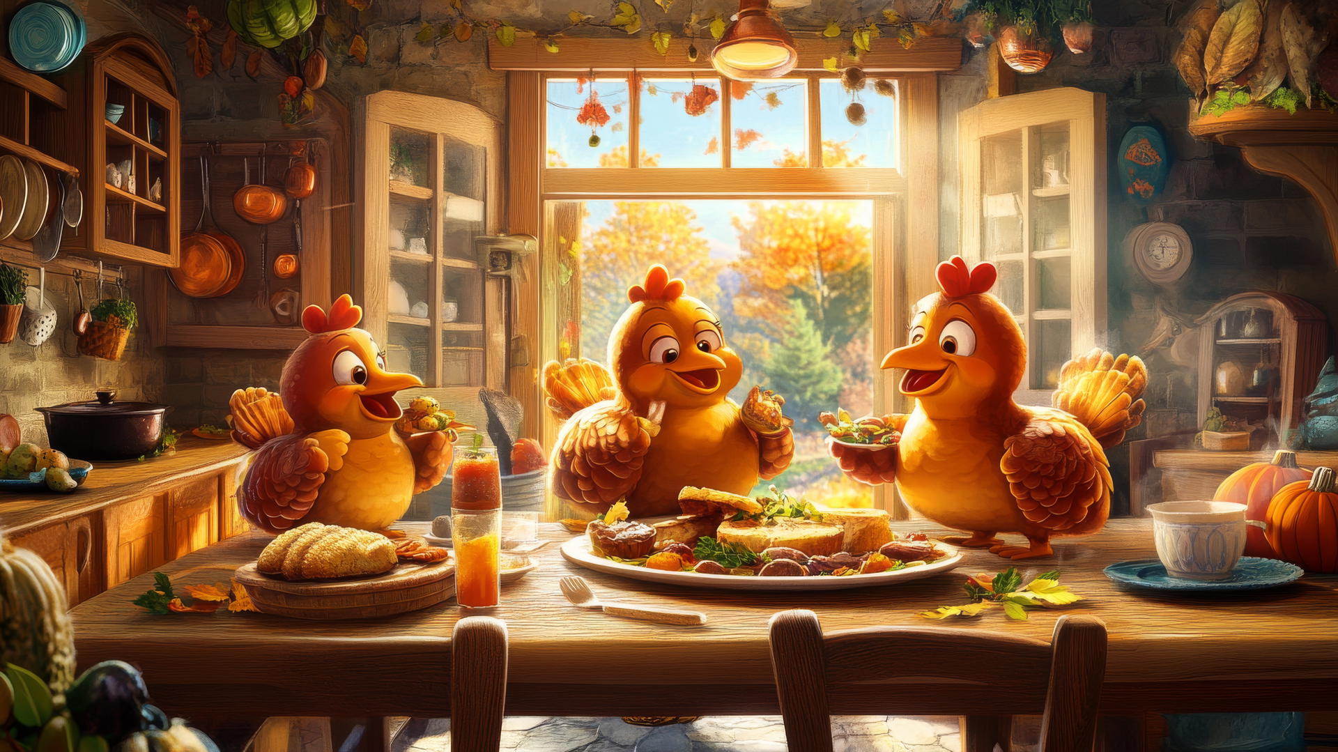 Thanksgiving wallpaper with cartoon turkeys enjoying a meal in a cozy kitchen