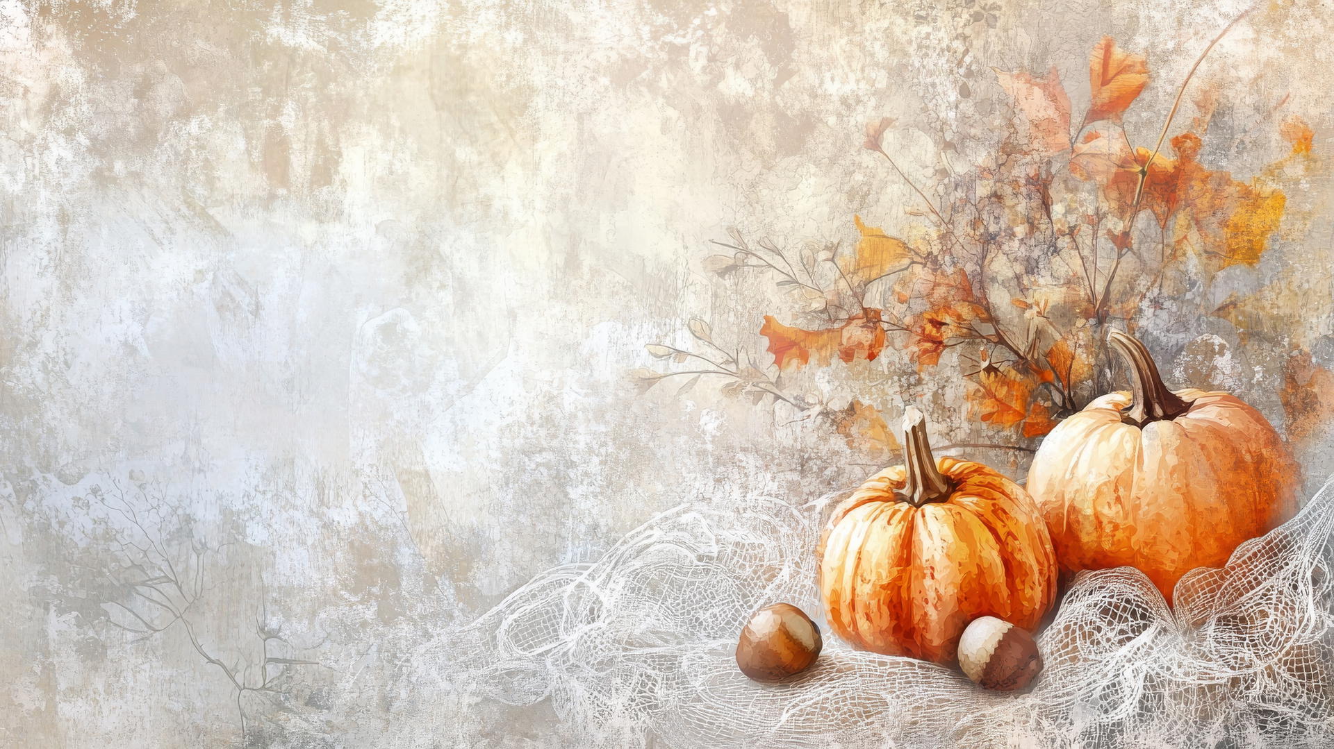 thanksgiving wallpaper aesthetic with burlap, lace, and watercolor textures, pumpkins, and acorns
