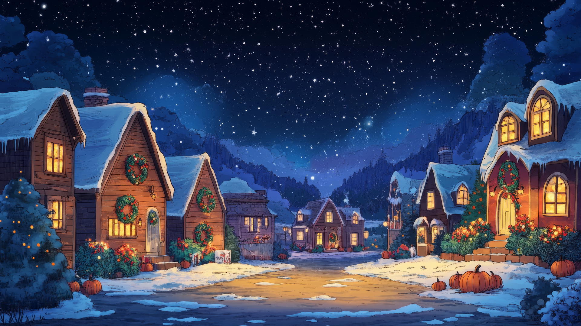 Hand-drawn cozy village with cottages and Thanksgiving decorations under starry sky, thanksgiving wallpaper aesthetic