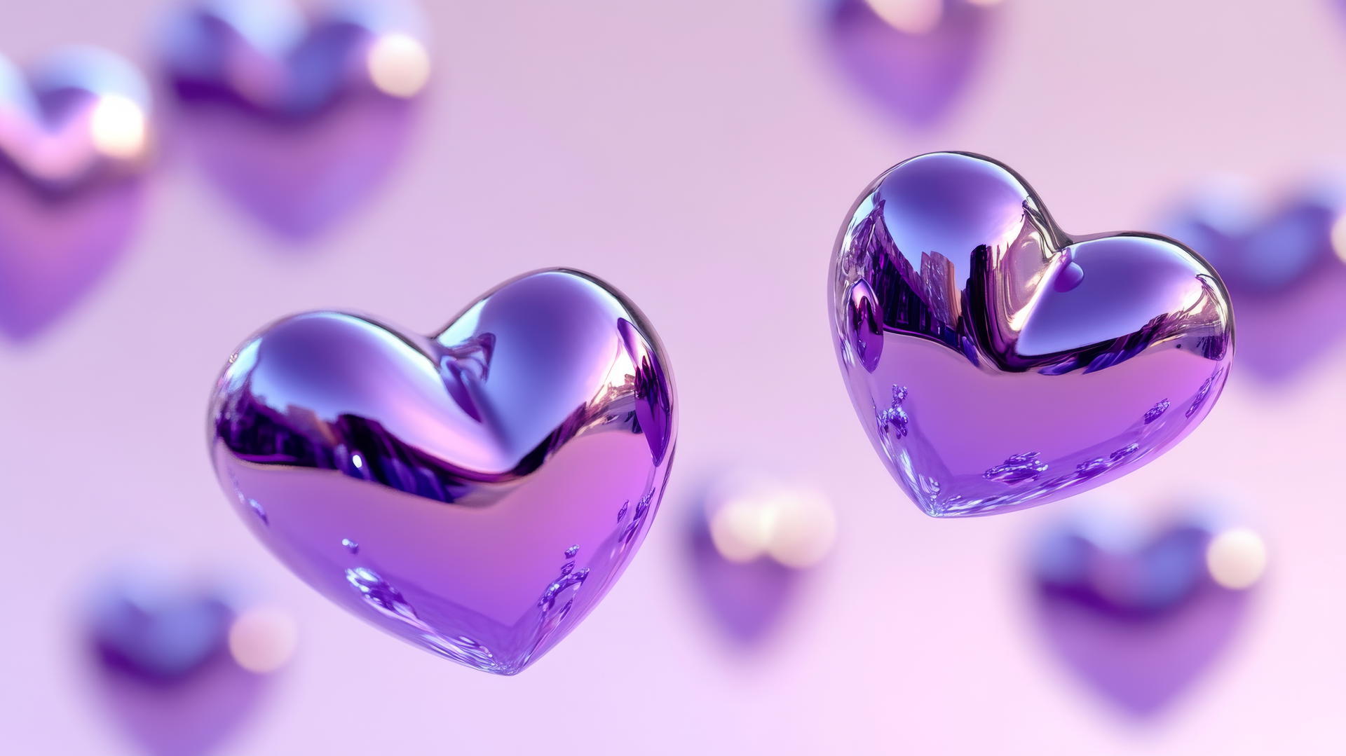 purple heart wallpaper with metallic purple hearts floating on a gradient background