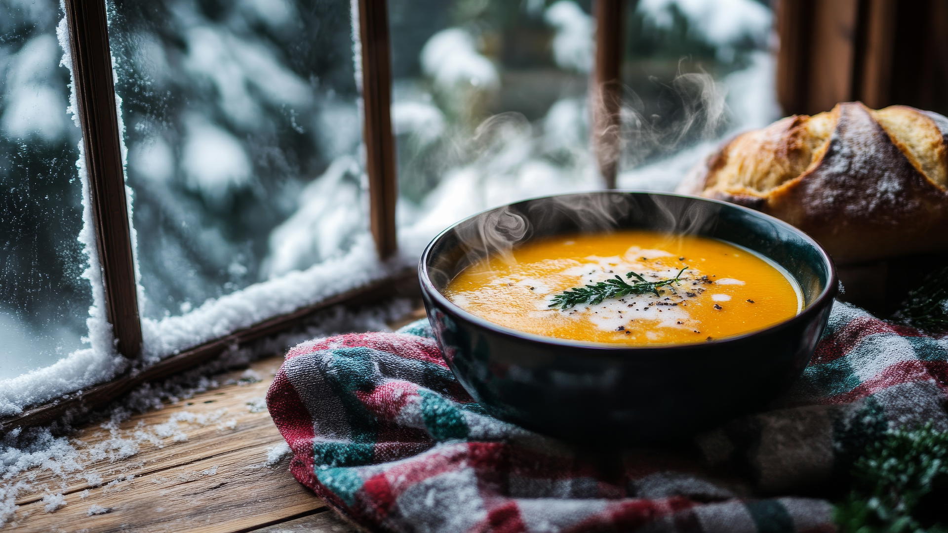 cozy winter iPhone wallpaper with a steaming bowl of soup, bread, and snowy windows