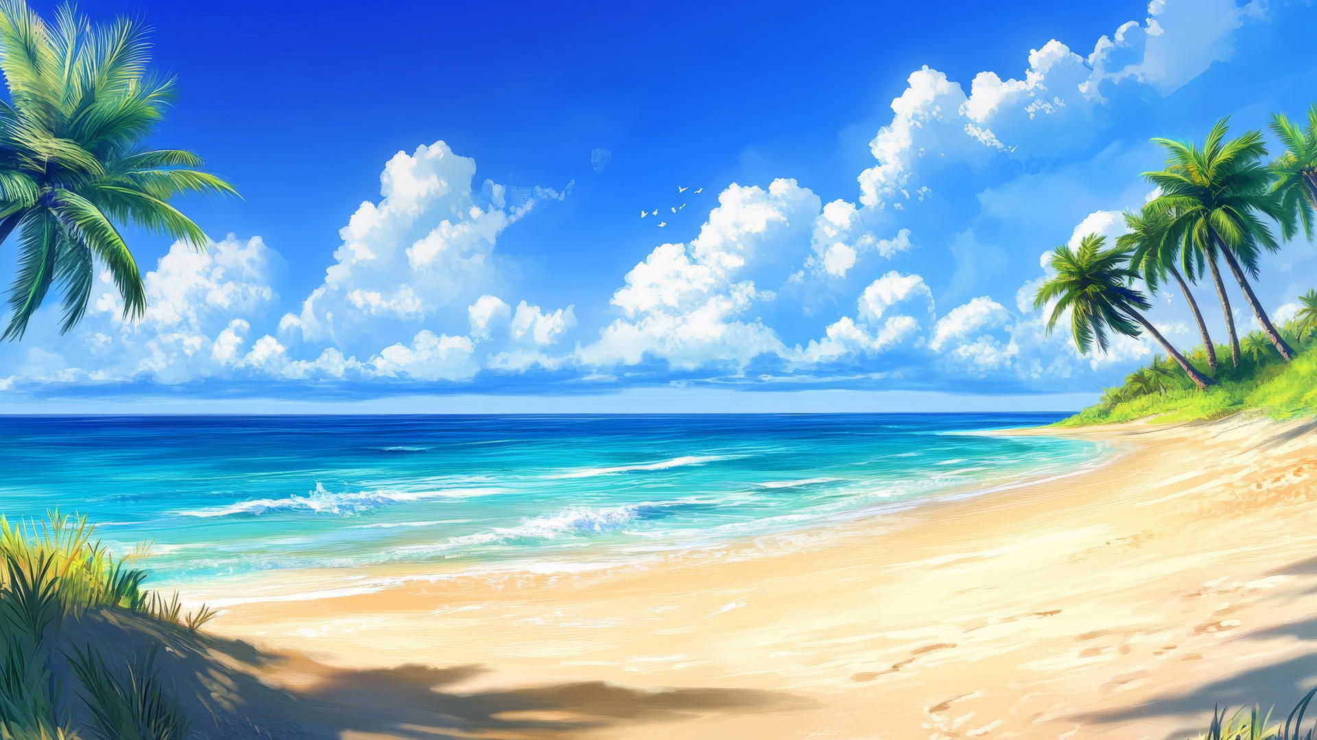 wallpaper beach with golden sand, clear water, and palm trees under blue sky