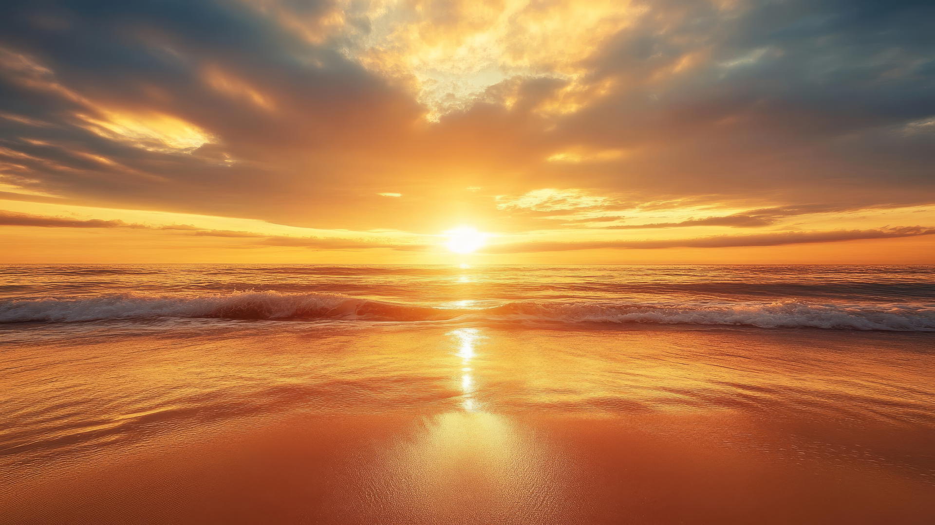 sunset beach wallpaper with golden sunset, empty beach, and warm glow on water