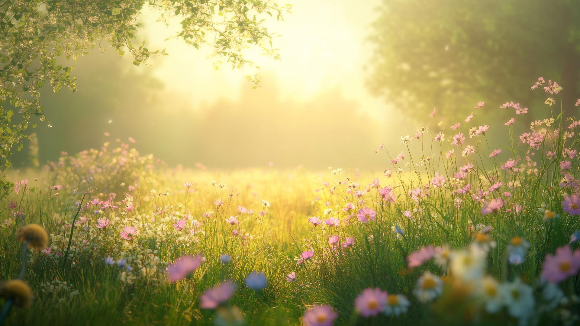 serene countryside with blooming wildflowers and soft light, spring wallpaper