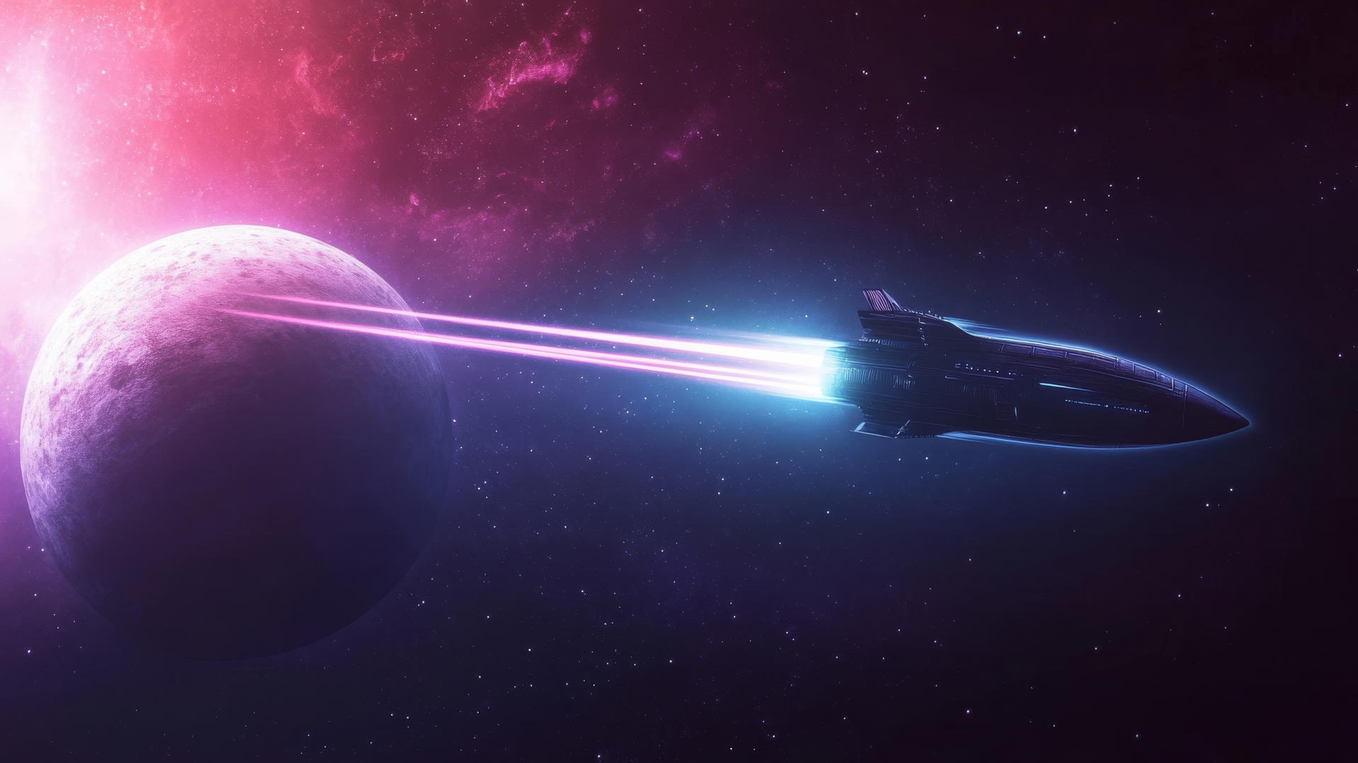 Glowing spaceship flying toward a distant planet with neon light trails in deep space.