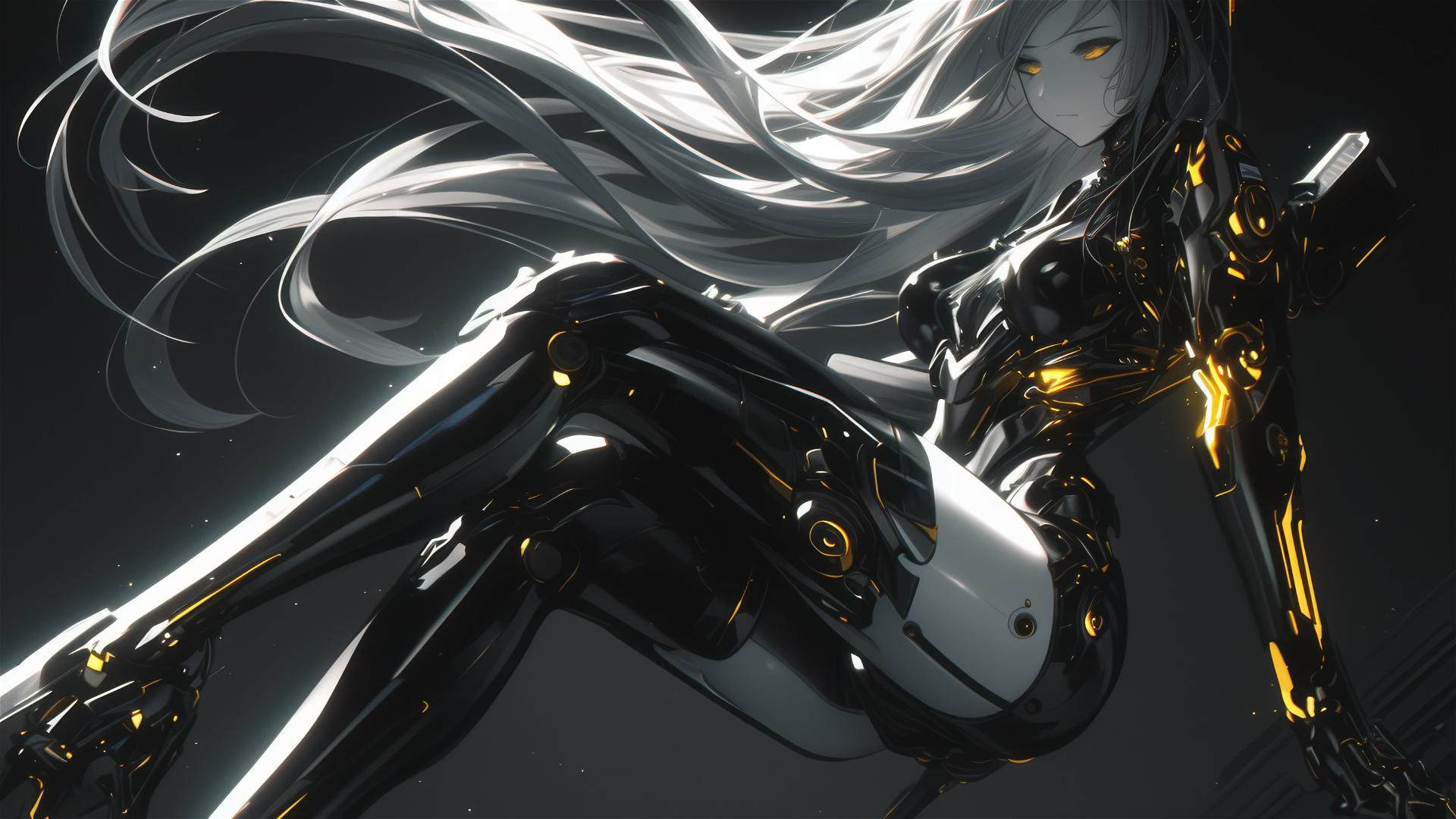 Cybernetic Agent Girl with thigh focus in a dynamic pose on dark background