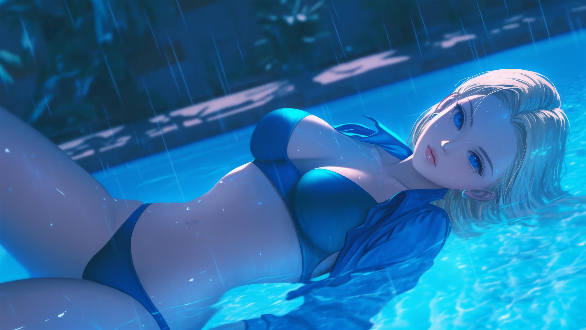 Android 18 from Dragon Ball resting by a rainy swimming pool