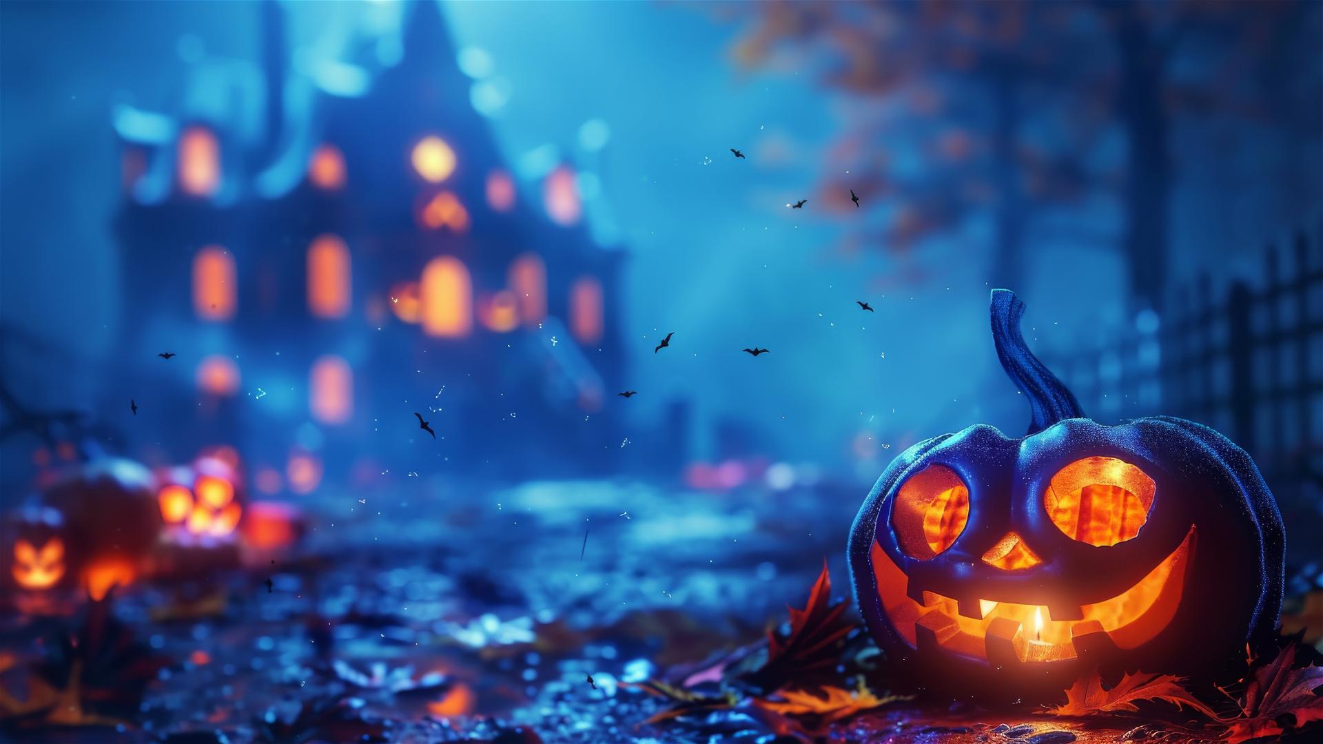 Spooky Halloween background with dark tones and eerie elements.