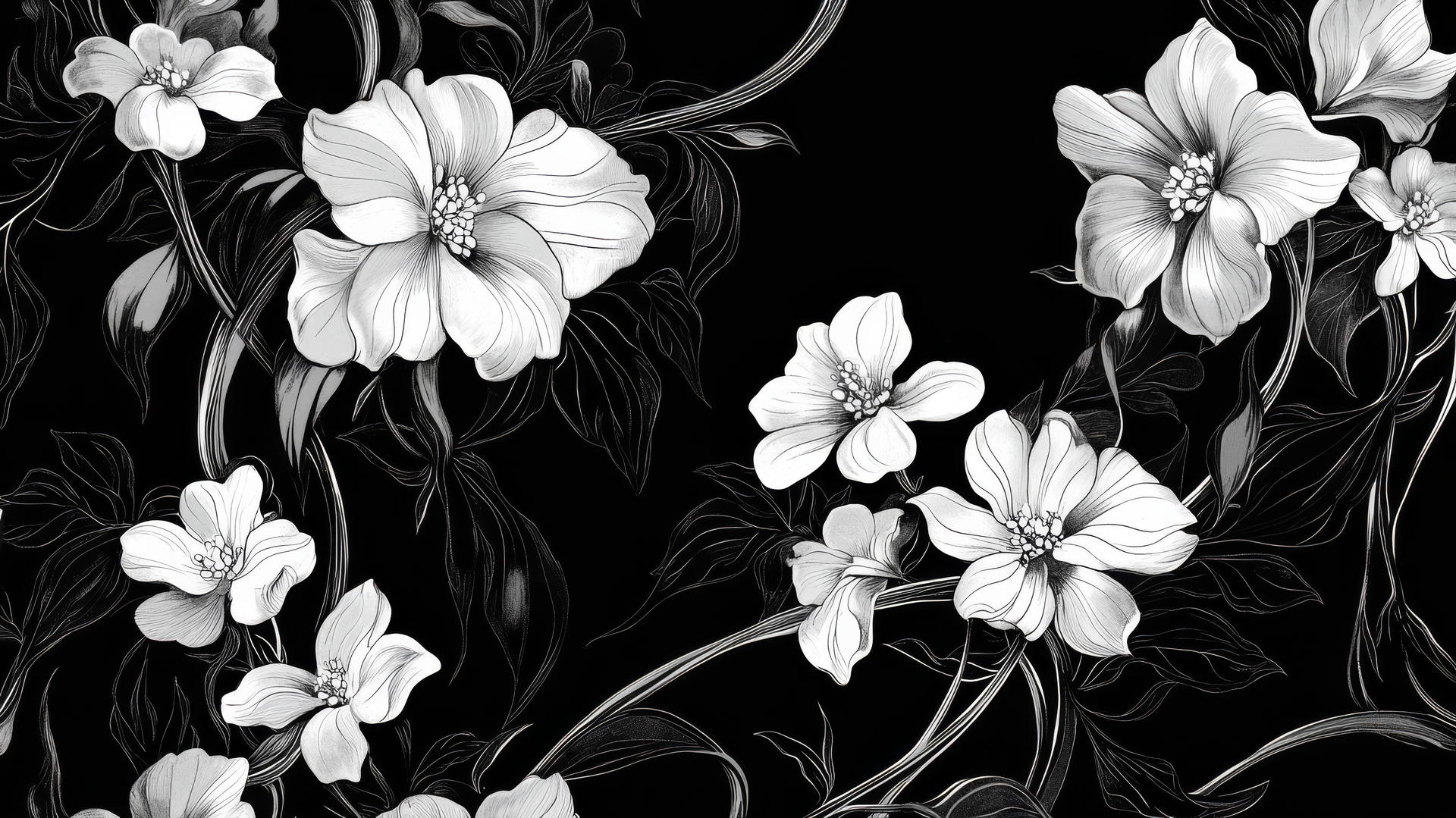 black and white floral wallpaper with art nouveau pattern and floral motifs