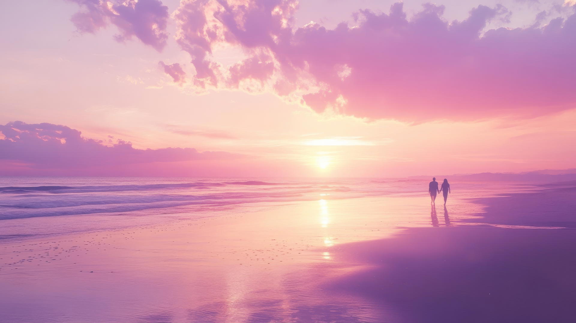beach sunset wallpaper with pastel pink and lavender skies, golden sunlight, couple walking