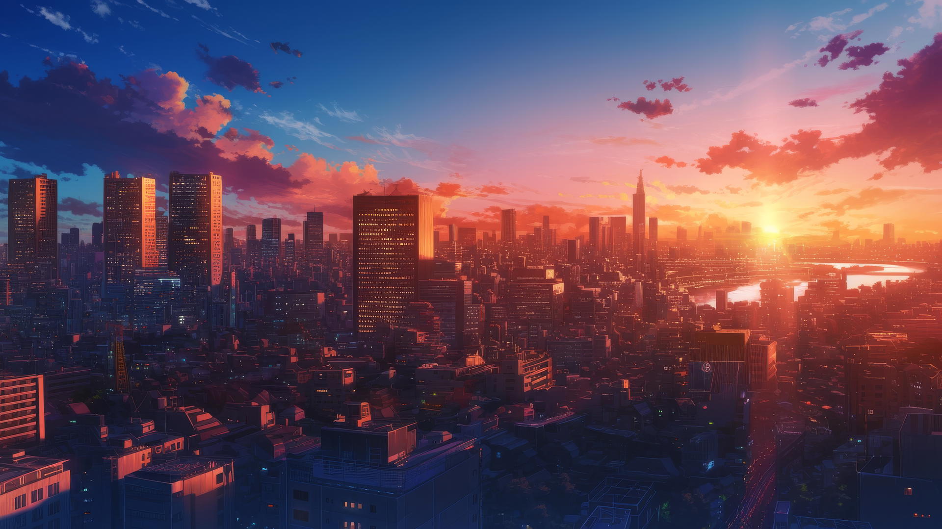 Cool wallpapers 4k: vibrant cityscape at sunset with golden light reflecting off buildings