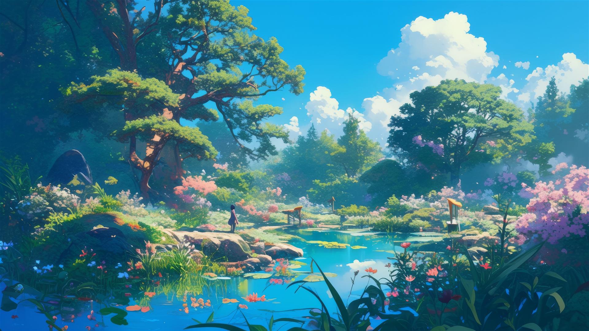 Anime garden in Ghibli style with frolicking nature spirits.