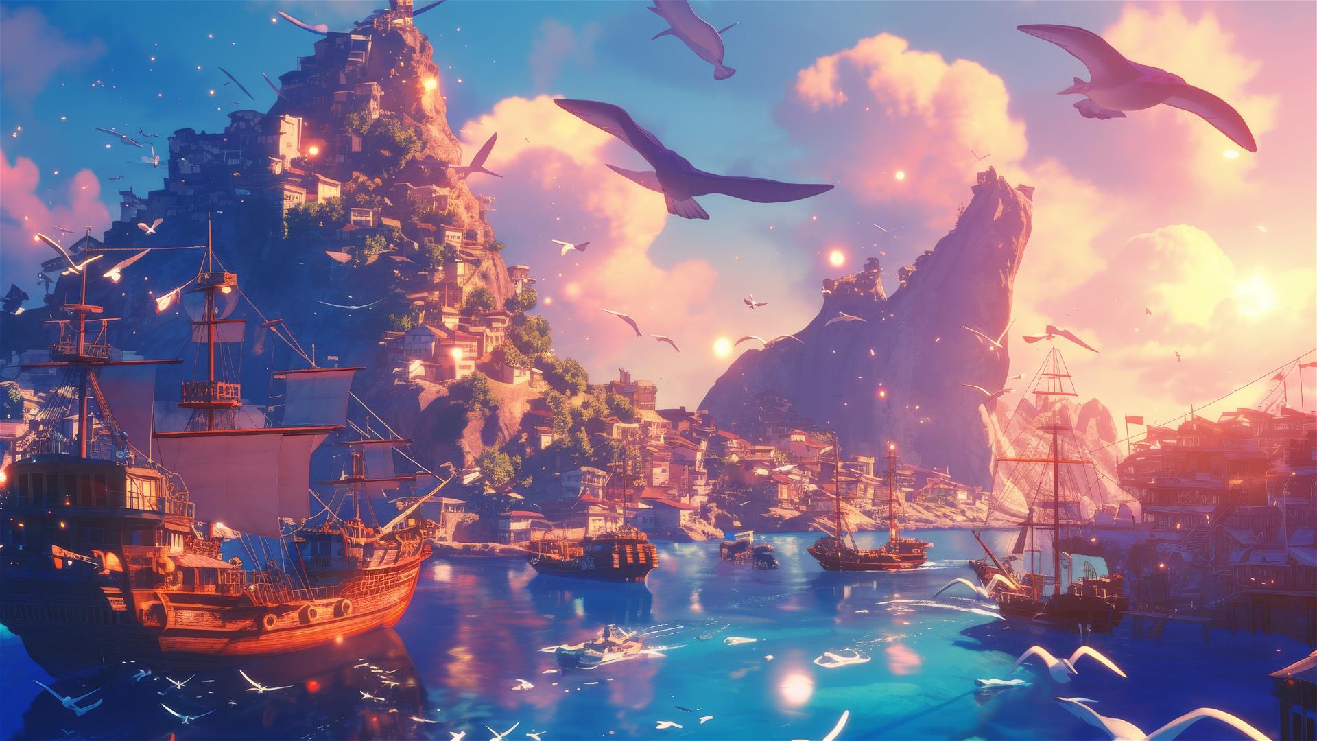 Anime harbor at sunset, ships, mythical beasts, Ghibli style.