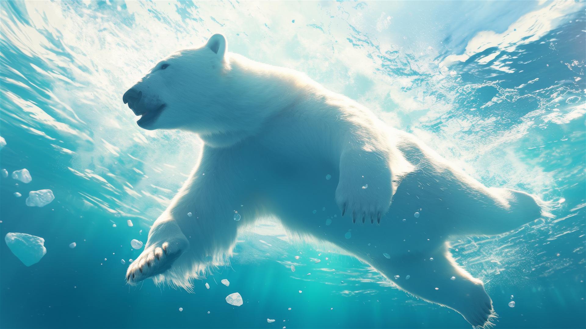 Hyper-realistic 4K image of a polar bear diving