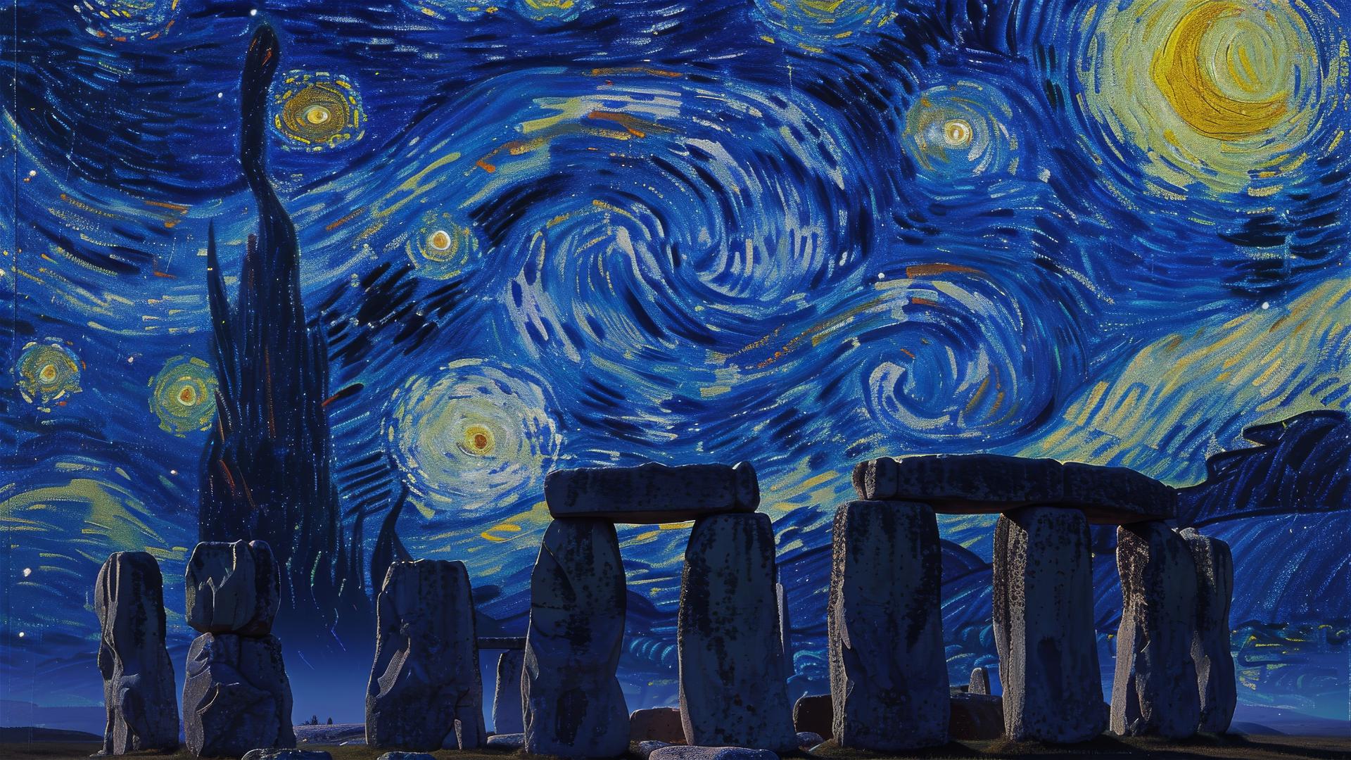 Realistic Stonehenge with starry van Gogh-style sky
