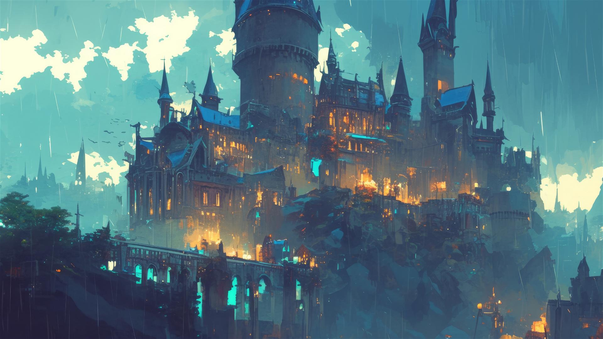 Ghibli-style Hogwarts in the rain