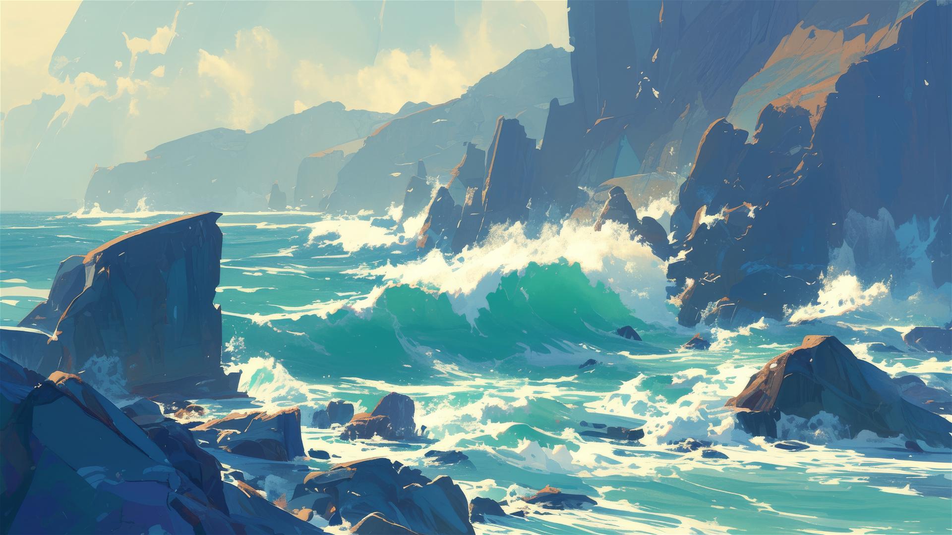 Rocky cliffs with waves crashing and sea spray