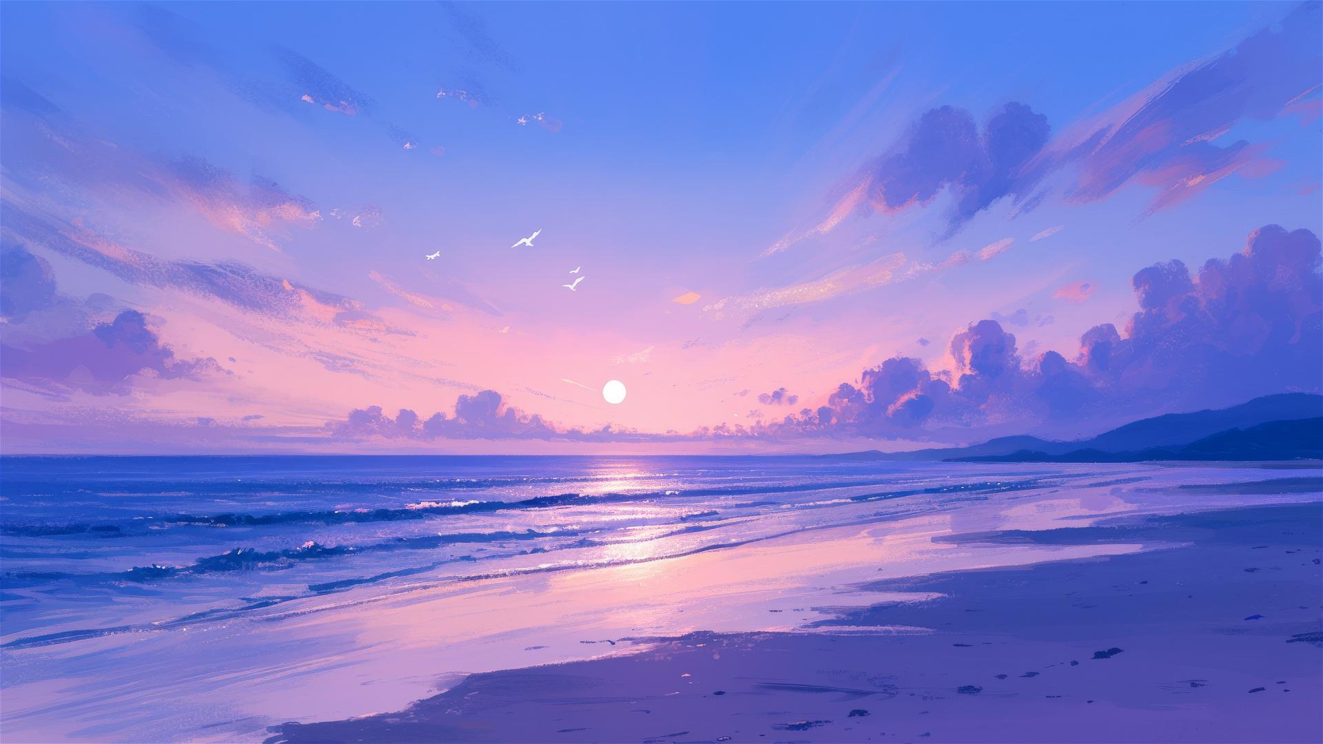 Dreamy beach at twilight with soft pink and purple sky and calm sea reflecting moonlight