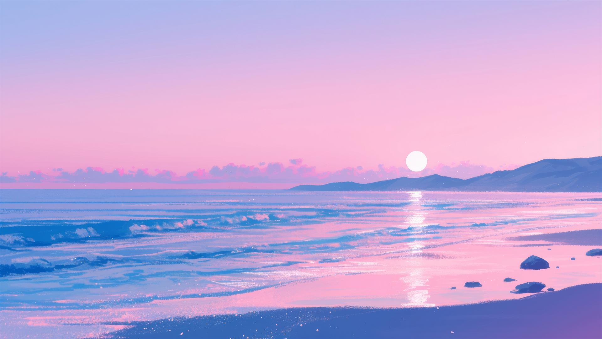 Dreamy beach with pink and purple twilight sky and calm sea reflecting moonlight