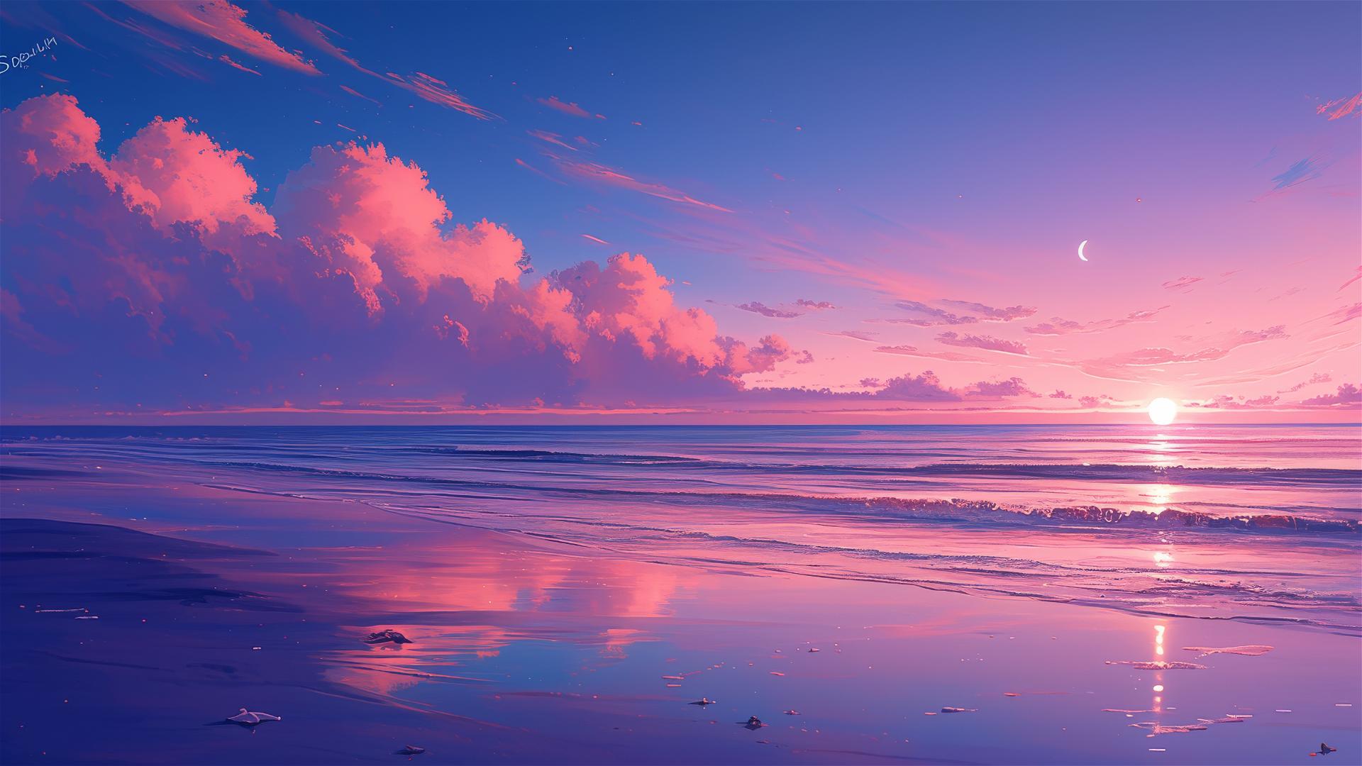 Dreamy beach at night with a soft pink and purple sky and calm sea reflecting the moonlight