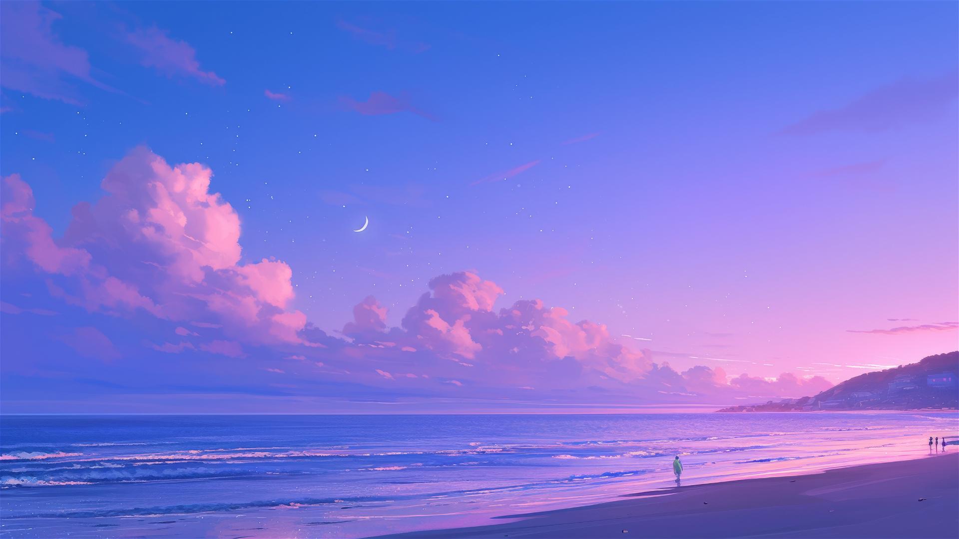 Dreamy beach at twilight with soft pink and purple sky, calm sea reflecting moonlight
