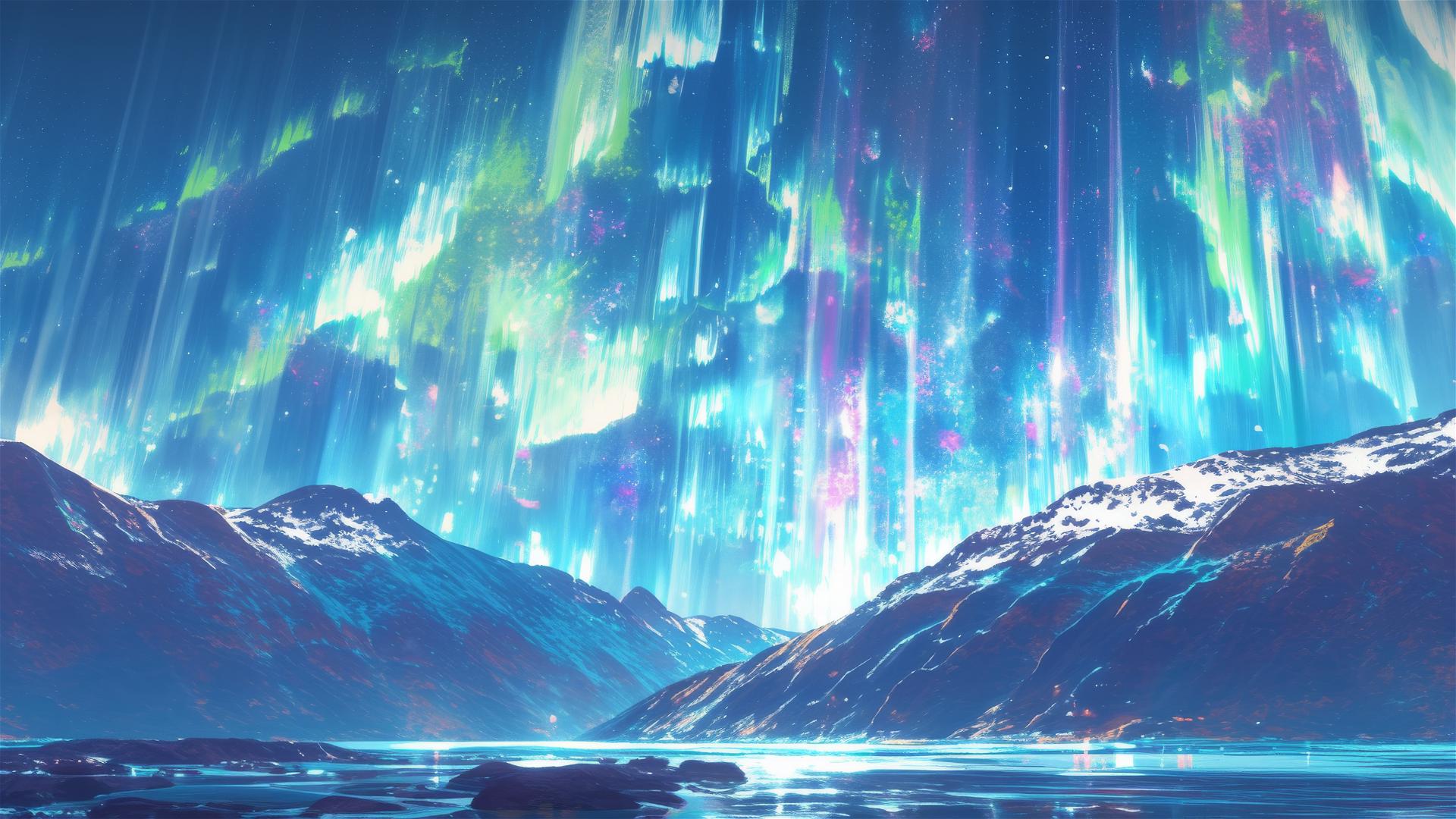 Waterfall reflecting aurora borealis colors