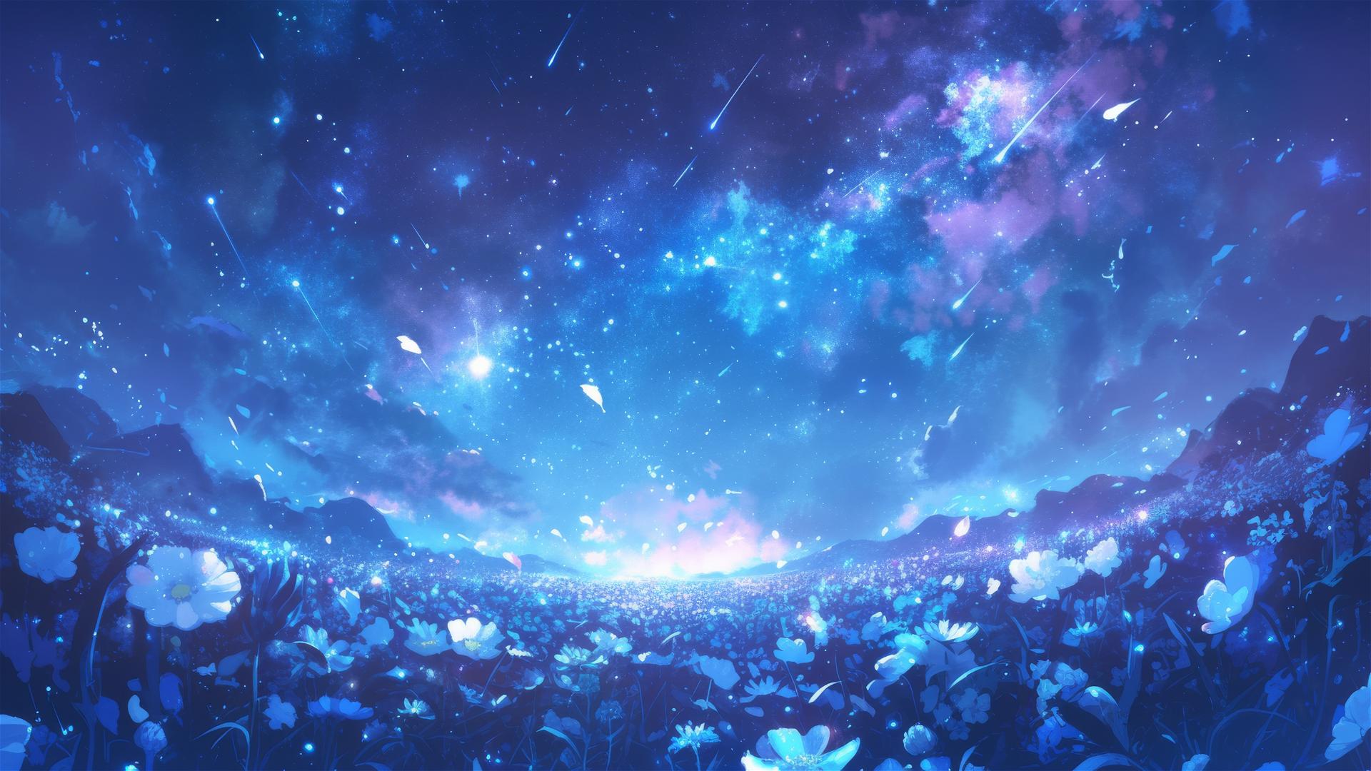 Glowing flowers as stars in a nighttime constellation field