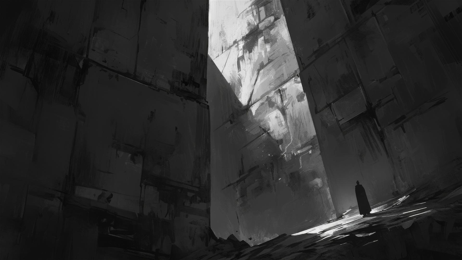 Aesthetic dark room with faint glow emanating from a crack under an old door