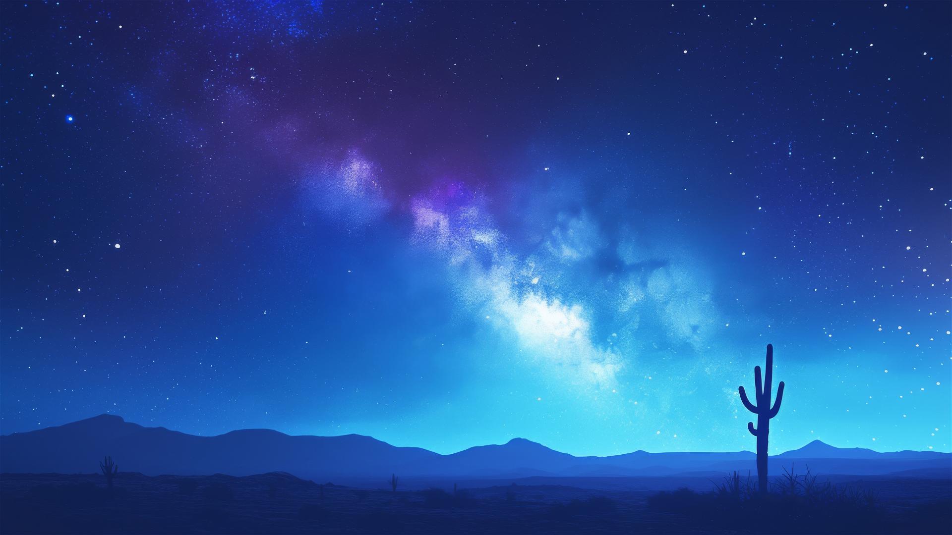 Solitary cactus silhouette against starry sky