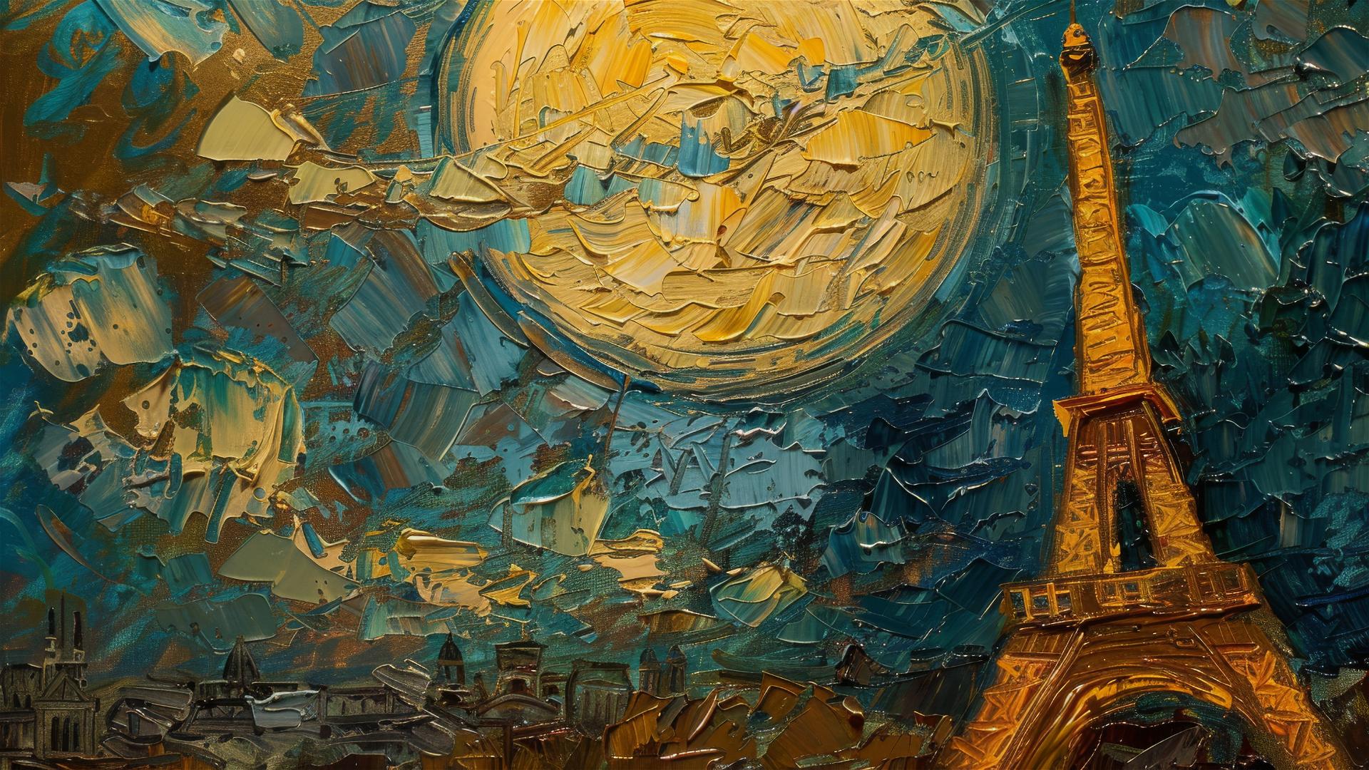 Van Gogh-style painting of the Eiffel Tower at dusk with a crescent moon